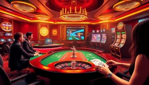 Experience high-stakes gaming action with https://9bet0.us.com/ featuring poker tables and vibrant slot machines.