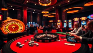 Experience excitement at Bay789 as players engage with colorful casino games and vibrant roulette wheels.