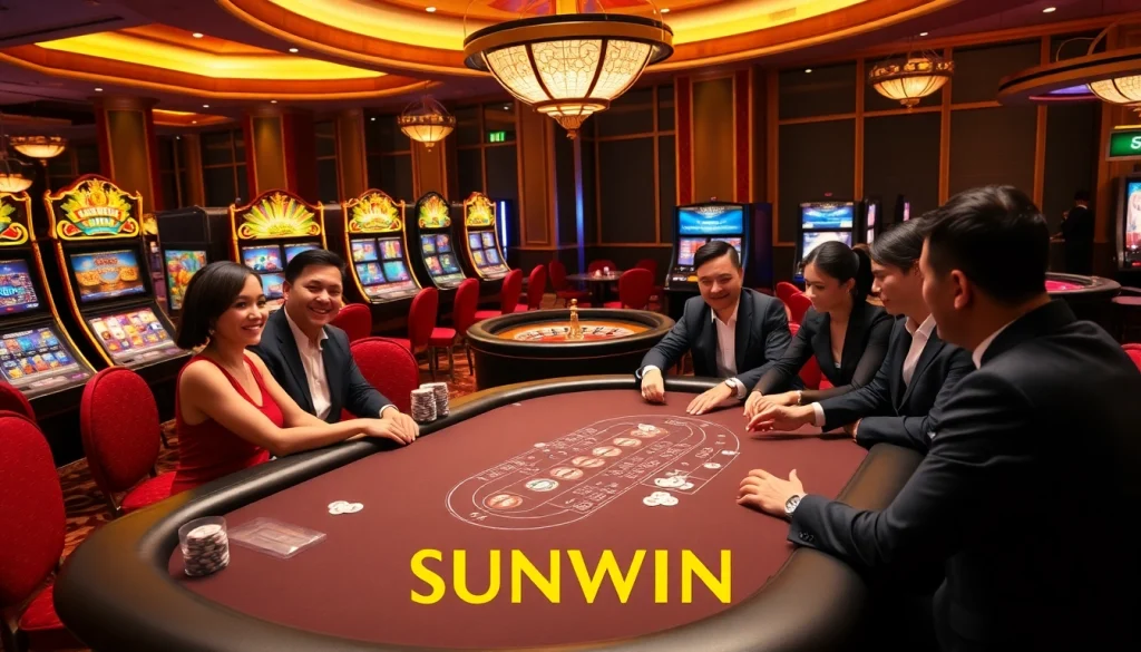 SUNWIN players enjoying a thrilling poker game in a luxurious casino setting with vibrant slot machines.