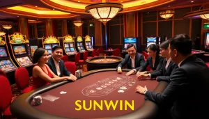 SUNWIN players enjoying a thrilling poker game in a luxurious casino setting with vibrant slot machines.