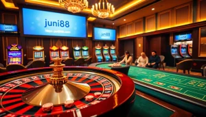 Players enjoying exciting games at https://jun88pl.com/ in a vibrant casino atmosphere.