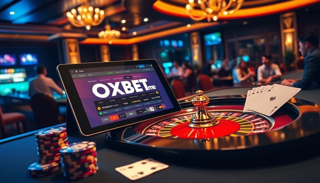 Experience OXBET me in a luxurious casino atmosphere with roulette, poker chips, and a tablet interface.