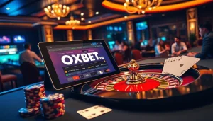 Experience OXBET me in a luxurious casino atmosphere with roulette, poker chips, and a tablet interface.