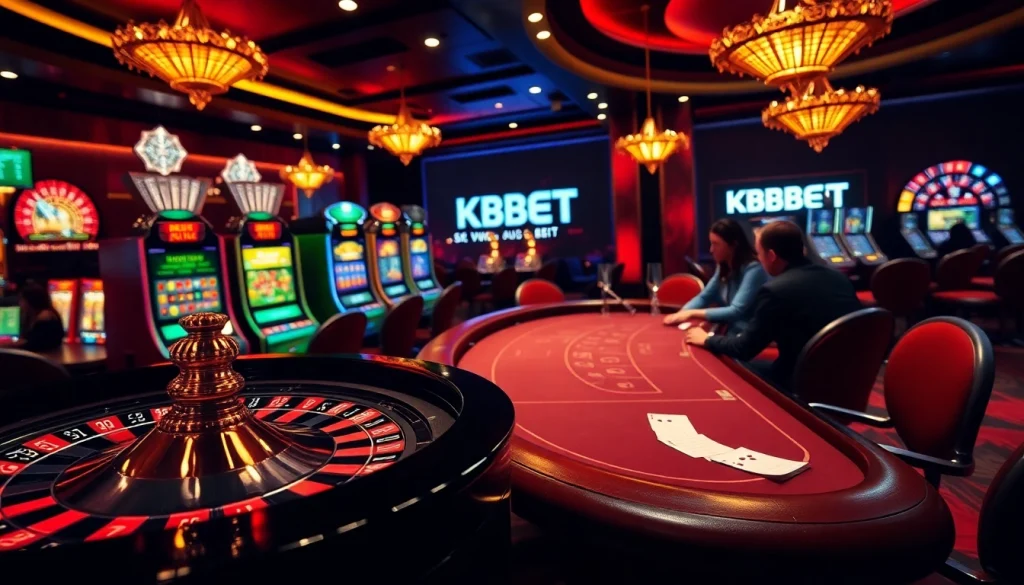 Experience the excitement of KBBET with a casino scene featuring roulette, poker, and slot machines.