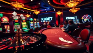 Experience the excitement of KBBET with a casino scene featuring roulette, poker, and slot machines.