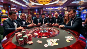 Experience the thrill of gambling at hitclub with vibrant poker chips and a roulette table.