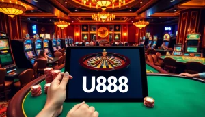 Experience the thrill of U888 with players engaged at casino tables featuring poker chips and lively slot machines.