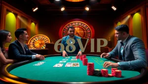 Experience the excitement of 68VIP at a luxurious casino table with vibrant poker cards and colorful chips.