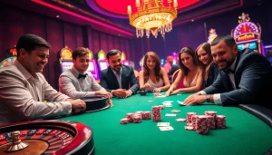 Experience thrilling gambling action with link okfun at a luxurious casino gaming table featuring poker chips, cards, and a roulette wheel.