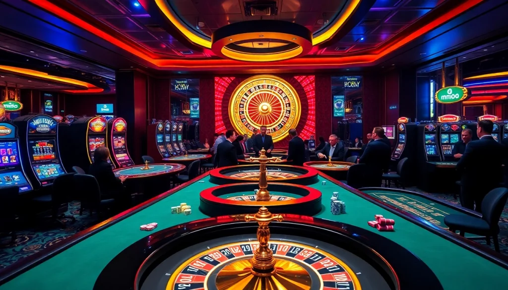 Engaging players enjoying mmoo's casino games with vibrant tables and slot machines.