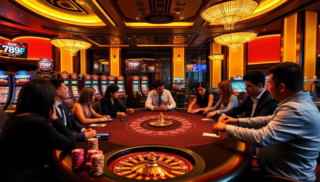 Exciting gameplay at 789F's luxurious casino, highlighting poker action and vibrant slot machines.