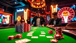 Engaged players at a Luck8 table, enjoying an exciting casino experience with vibrant chips and cards.