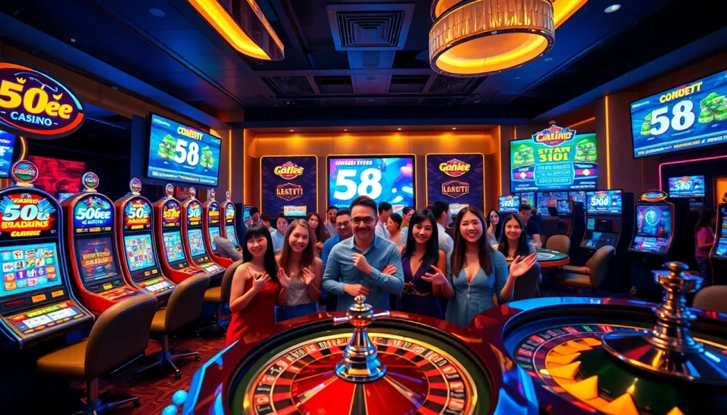 Exciting gaming scene at 58ee online casino featuring slots, poker, and roulette in a vibrant atmosphere.