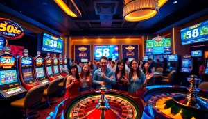 Exciting gaming scene at 58ee online casino featuring slots, poker, and roulette in a vibrant atmosphere.