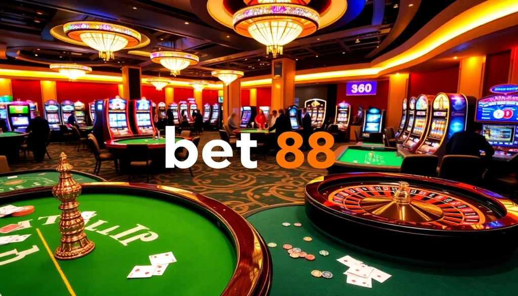 Experience thrilling gameplay and jackpots at bet88 casino with colorful tables and vibrant atmosphere.