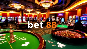 Experience thrilling gameplay and jackpots at bet88 casino with colorful tables and vibrant atmosphere.