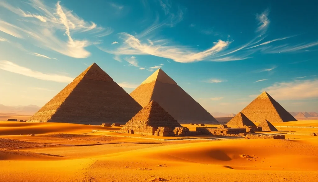 Piraminds standing majestically against a bright desert backdrop, inviting exploration.