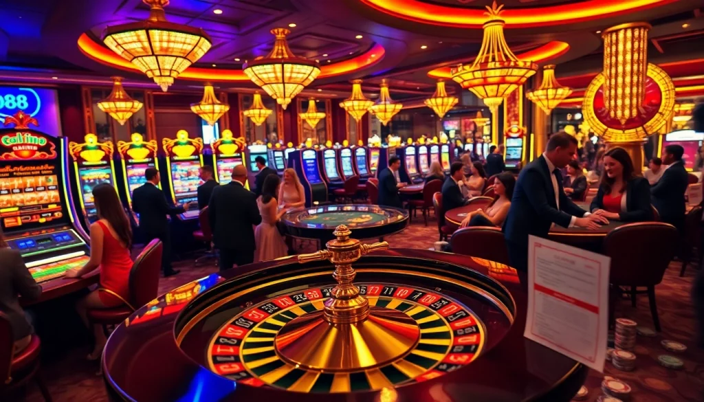 Players enjoying games at dn88 casino with poker chips and a roulette wheel.
