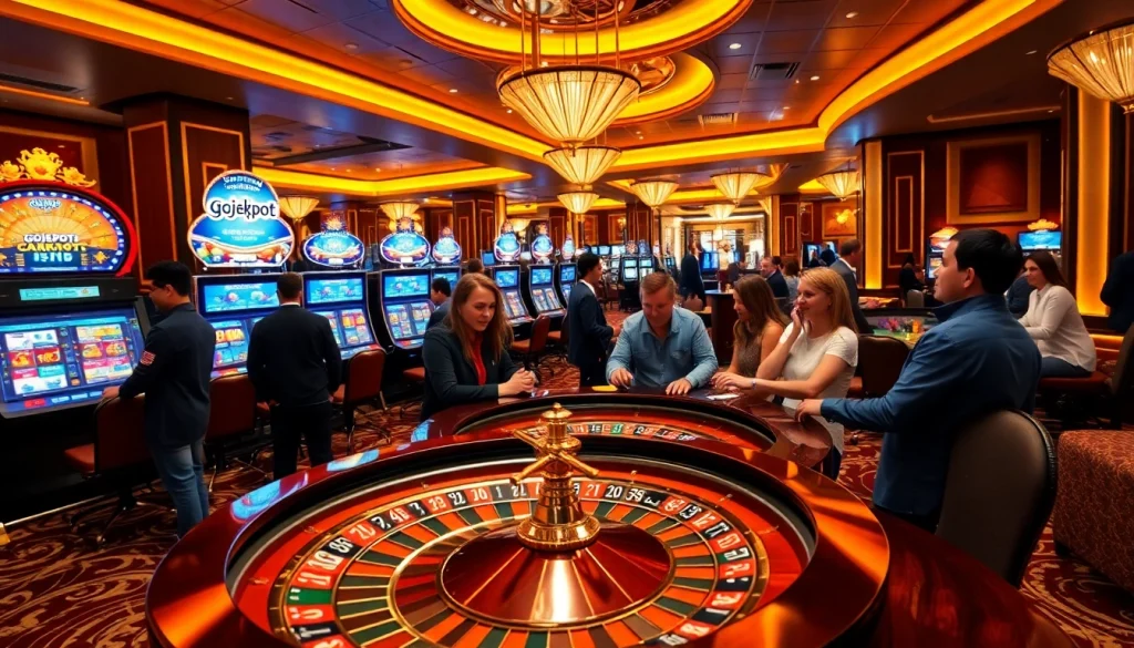 Experience the thrill with gojekpot at a luxurious casino gaming floor filled with excitement.