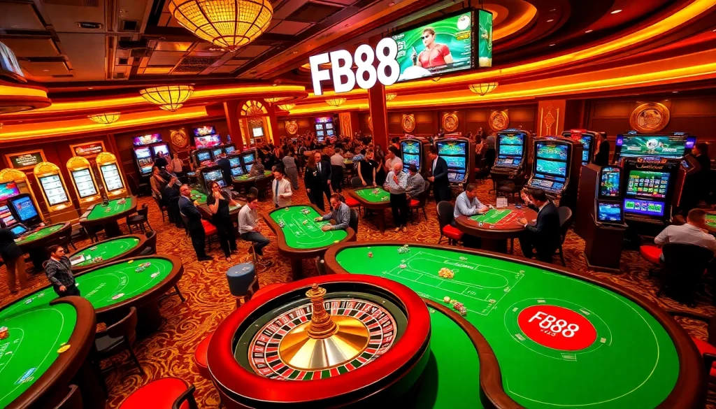 Players enjoying gaming at FB88's vibrant casino, featuring poker tables and roulette.