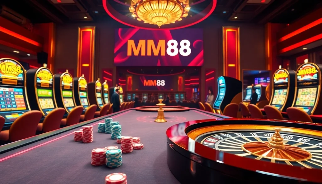 Experience MM88 thrills at a luxurious casino table with vibrant games, chips, and roulette.
