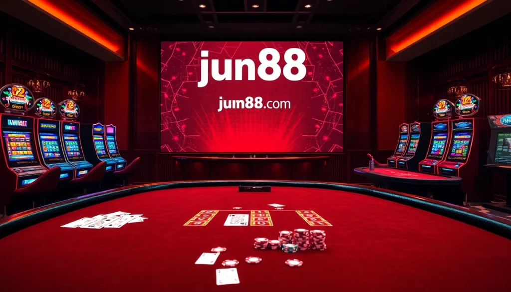 Engaging casino atmosphere highlighting jun88 com with vibrant gaming action and luxury.