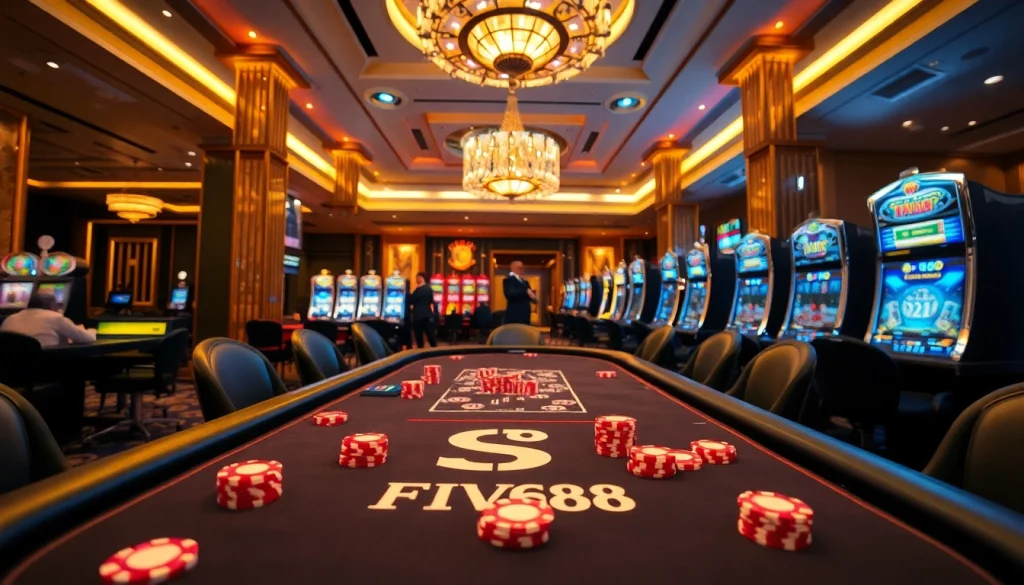 Gamble at FIVE88 with vibrant poker chips and an exciting casino atmosphere.