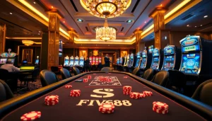 Gamble at FIVE88 with vibrant poker chips and an exciting casino atmosphere.