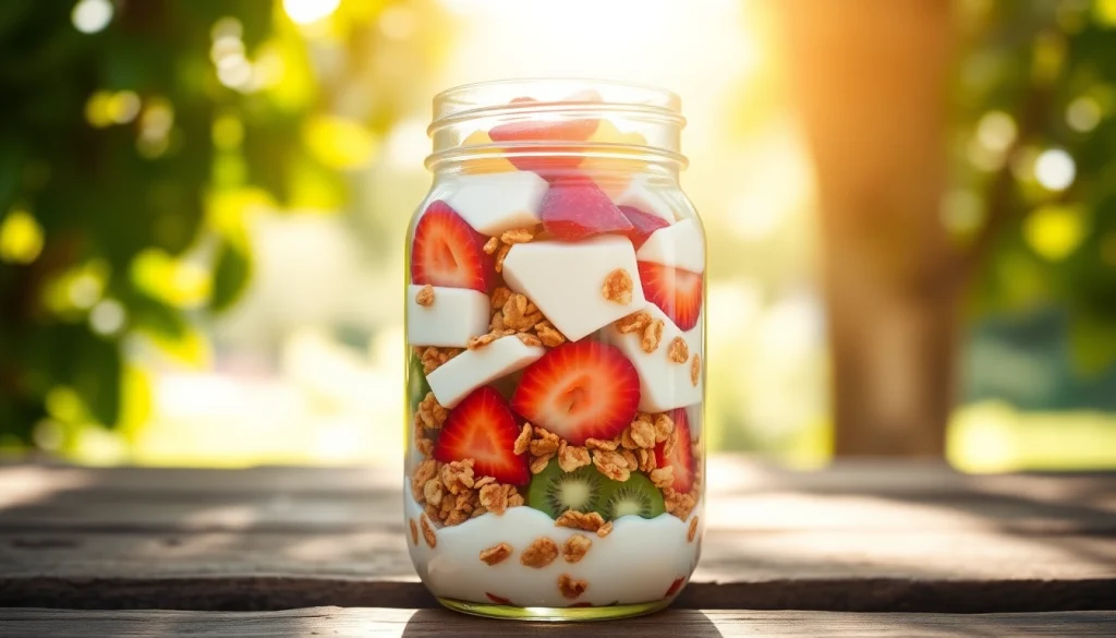 Enjoy a delicious breakfast parfait in a mason jar at https://masonjarbreakfast.com garnished with vibrant fruits and granola.