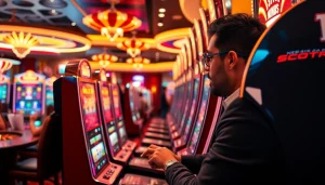 Excited player enjoying the slot api raja 88 at a luxurious casino machine.