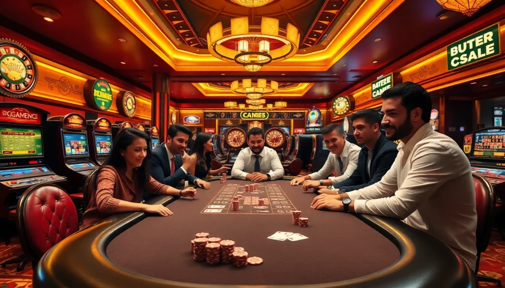 Gamblers enjoying a high-stakes poker game at a luxurious casino featuring tg88 elements.