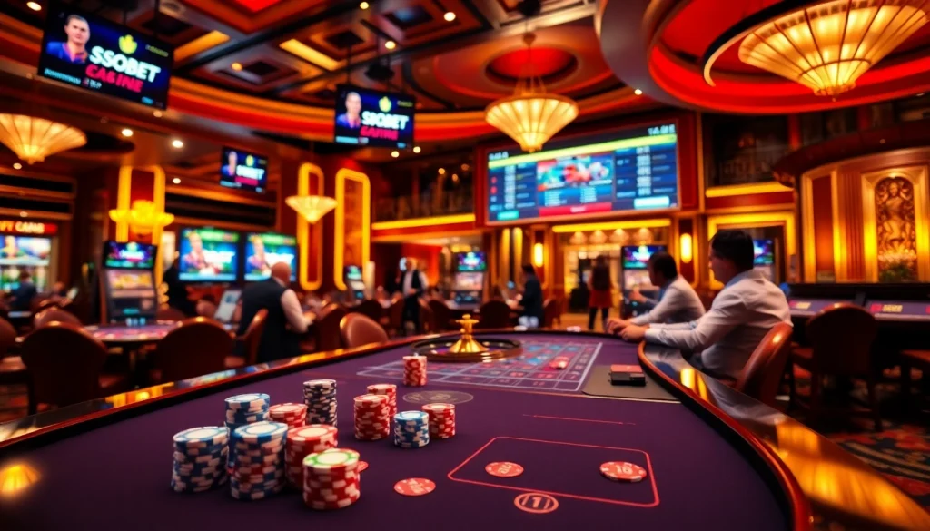 Sbobet login interface amidst a lively casino environment with poker chips and roulette.