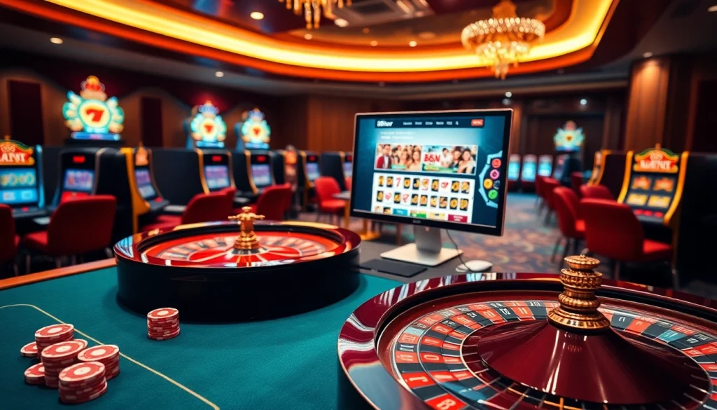 Experience Liên hệ 888new at a vibrant casino setup, showcasing sleek gaming tables and interactive slots.