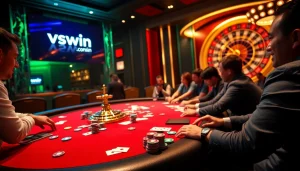 Engaged players at a professional poker table showcasing vswin.com branding in a luxurious casino.