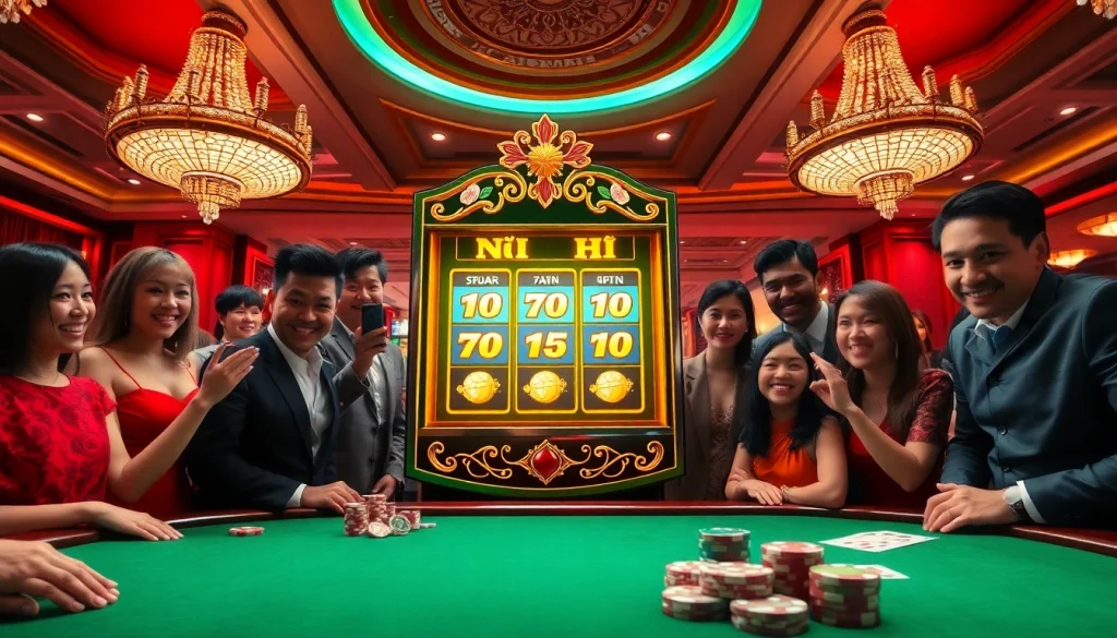 Excited players enjoying the vibrant nổ hũ slot machine at a luxurious casino.