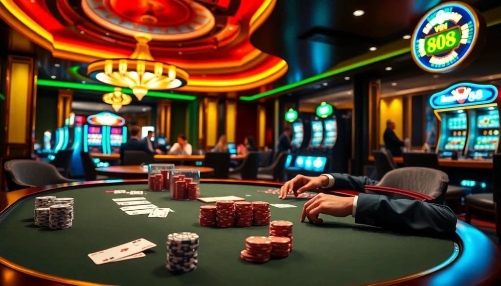 Exciting casino scene featuring vin 88 poker action, roulette wheel, and luxury ambiance.