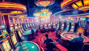 Exciting casino gaming scene at https://uu88joli.com/ with players at slot machines and poker tables.