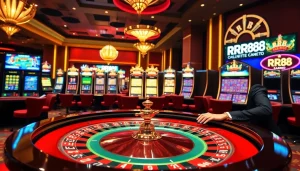 Experience RR88 casino excitement with a vibrant roulette table and luxurious slot machines.