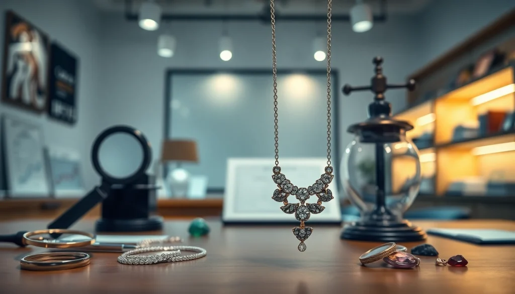 Schmuckankauf mit einer eleganten Halskette und professionellen Werkzeugen in einem hellen Büro.