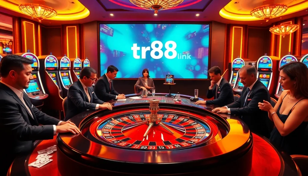 Exciting casino scene featuring roulette, poker chips, and tr88 link for an immersive gambling experience.