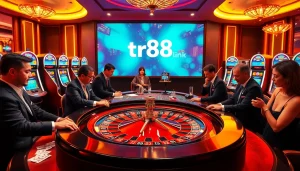 Exciting casino scene featuring roulette, poker chips, and tr88 link for an immersive gambling experience.