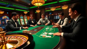 Players strategizing at a luxurious casino table with nohu90.com branded elements.