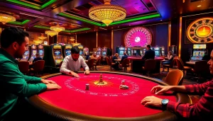 Players engage at a lively ww88 casino poker table filled with colorful chips and excitement.