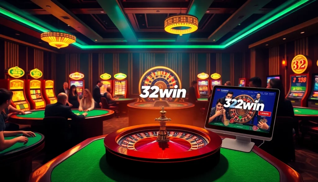 32win Casino table scene featuring poker, vibrant slot machines, and an inviting atmosphere for gamblers.