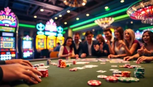 Engaged gamblers at a high-stakes poker table, inspired by https://nh88.net/, surrounded by colorful chips and cards.