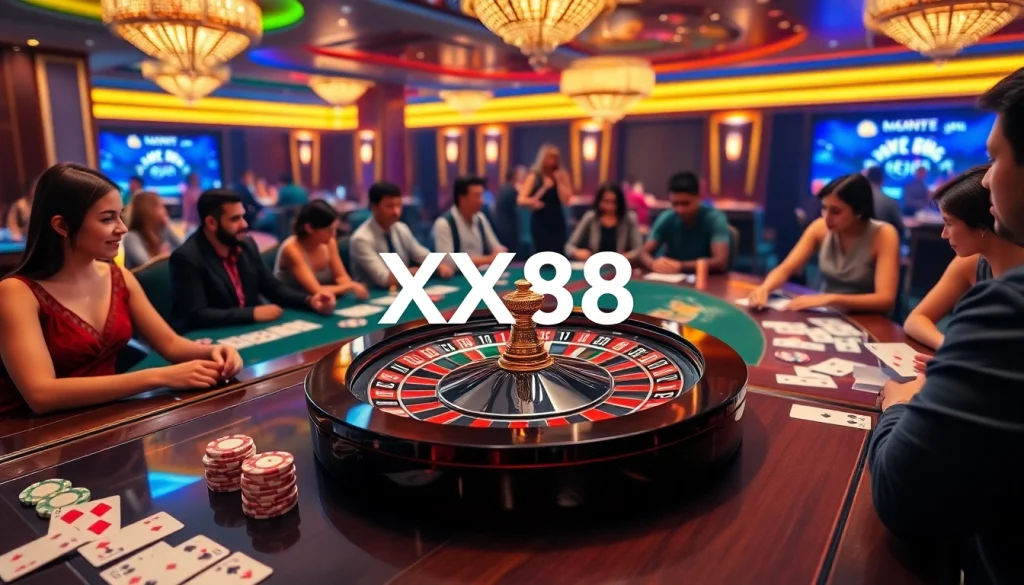 Experience the excitement of XX88 Casino with sleek tables and vibrant gaming action.