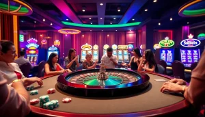 Sunwin branded roulette table with vibrant casino elements and excited players.