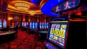 Experience the thrill of slot deposit 1000 with vibrant casino visuals, featuring slot machines and excited players.