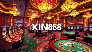 XIN88 casino scene capturing players enjoying table games and slots in an elegant setting.