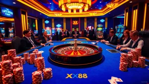 Players enjoying the high-stakes thrills at XX 88 casino with vibrant roulette and poker chips.